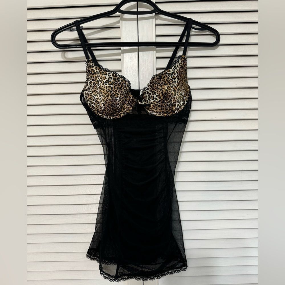 Victoria’s Secret Black and leopard print lace mesh tank top lingerie